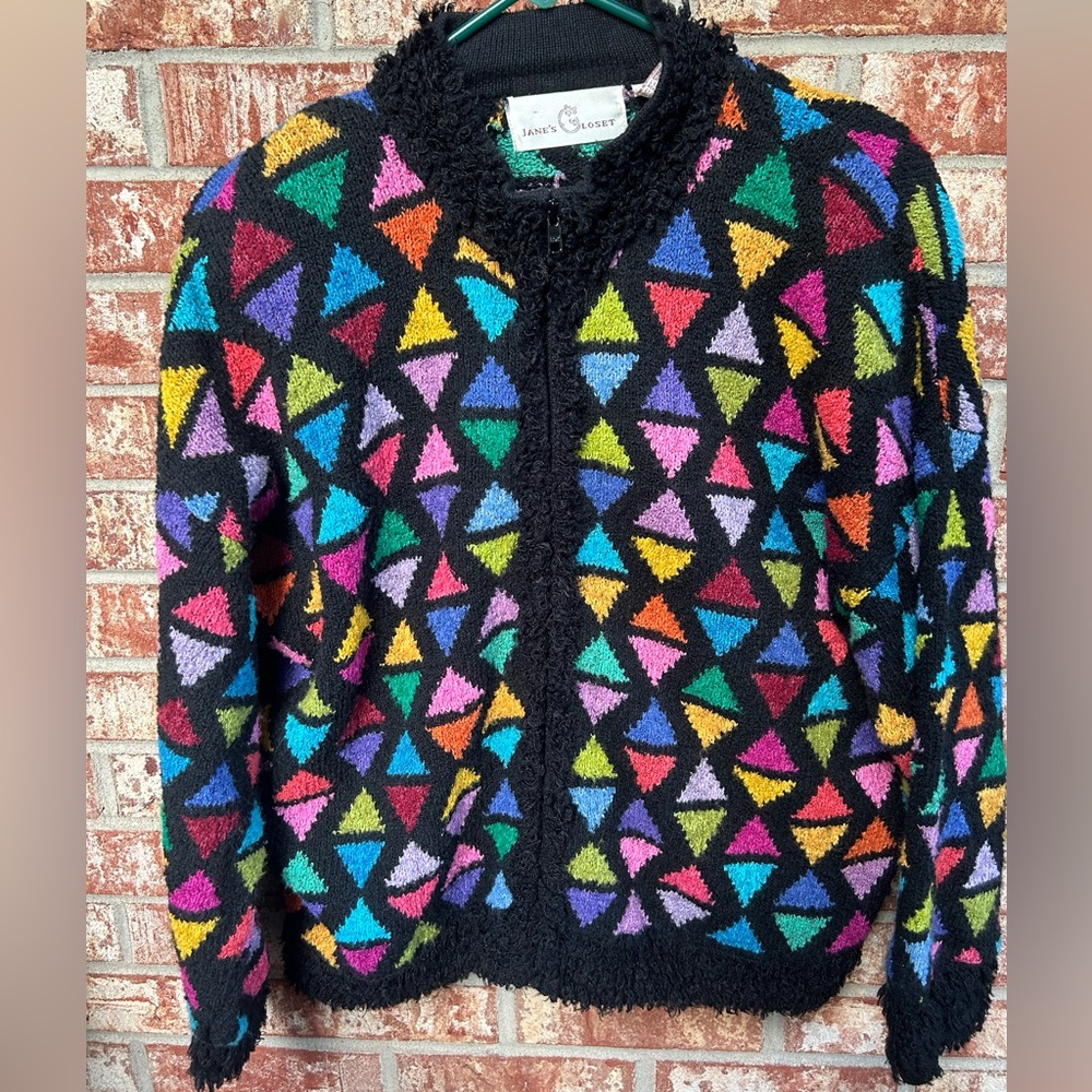 Vtg Jane's Closet Geometric Cardigan Sweater Womens L Chunky Knit Wearable Art